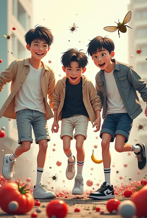 3 handsome male Korean  teenagers with tall and slim bodies . 1st wears a white t shirt with a beige cardigan, long white socks with 2 blue stripes on it, and white air force ones. 2nd wears a black t shirt, white shorts, long black socks with 2 white stri...