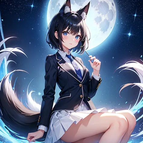 One girl、Fox ears、Short black hair、White ribbon、Small breasts、blazer、Normal necktie、Checked mini skirt、Blue moon starry sky、Magic circle from hand