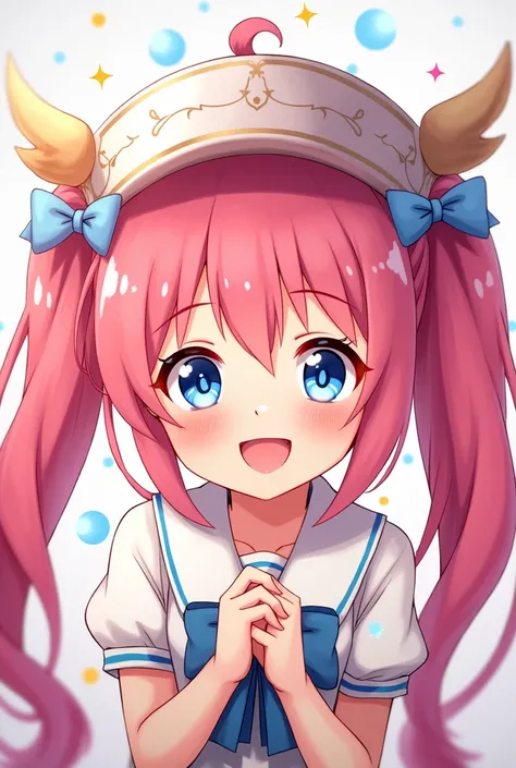 Best Quality, Best Quality, High resolution,One girl, Twin tails, Very long hair, Pink Hair, smile, blue eyes, happiness/joy, Grin, Droopy eyes, Red face, Sparkling eyes, Ahegao, ribbon, Helmet with wings, Sparkle Effect, anime風, anime, 