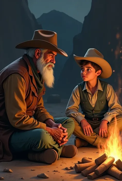 Young Cowboy Listening: The younger cowboy sits cross-legged, leaning forward, eager to hear the older man’s wisdom. His eyes reflect the firelight.