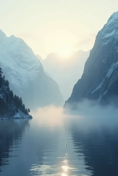 Norwegian fjords in winter with a light fog and the little sun that there is shining on the mountains