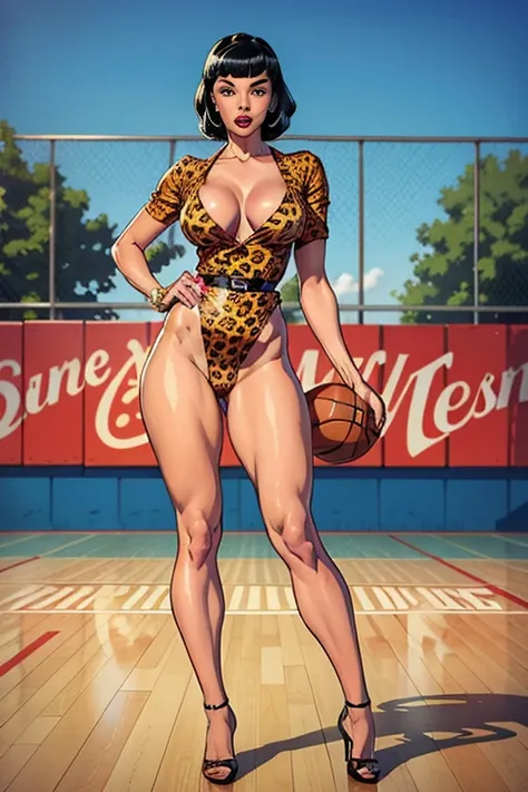 a beautiful woman wearing a leopard print full body swimsuit in a pinup style pose, vintage style, basketball court backdrop of ...