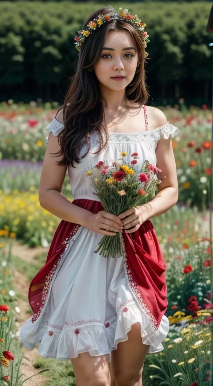 there is a Preety Zinta in a red and white dress holding a bouquet, girl in flowers, picking flowers, holding flowers, picking up a flower, girl standing in flower field, girl standing in a flower field, flowers on heir cheeks, girl in a flower field, port...