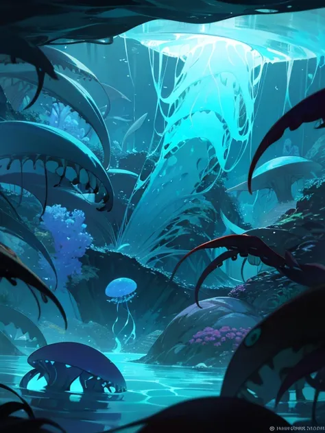 **Prompt:**  
In the depths of the ocean, where sunlight barely reaches, a mysterious and eerie world unfolds. Strange, bioluminescent creatures illuminate the darkness, casting an otherworldly glow as they move through the murky waters. Giant squids with ...