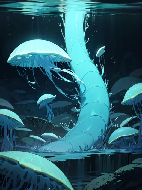 **Prompt:**  
In the depths of the ocean, where sunlight barely reaches, a mysterious and eerie world unfolds. Strange, bioluminescent creatures illuminate the darkness, casting an otherworldly glow as they move through the murky waters. Giant squids with ...