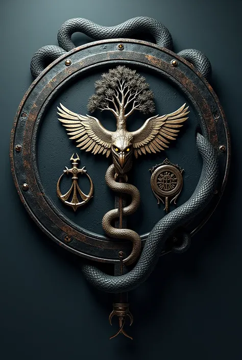 coat of arms, The circle shape is made of black metal., Viking art, On the front of the shield are images of an eagle, a magical tree and a giant serpent., A giant snake coils around the edge of the circular shield.