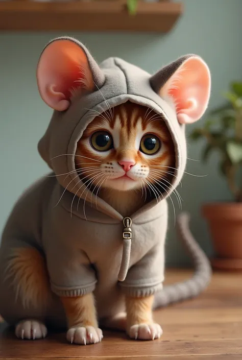 Brown Cat、cute、Wearing a rat hood、kitchen