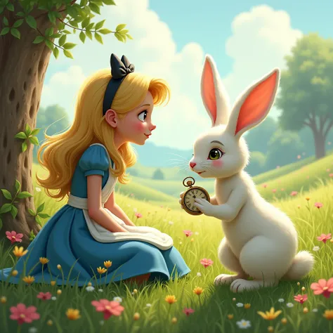 Alice, a curious one, sitting in a field, looking at a white rabbit with a clock 