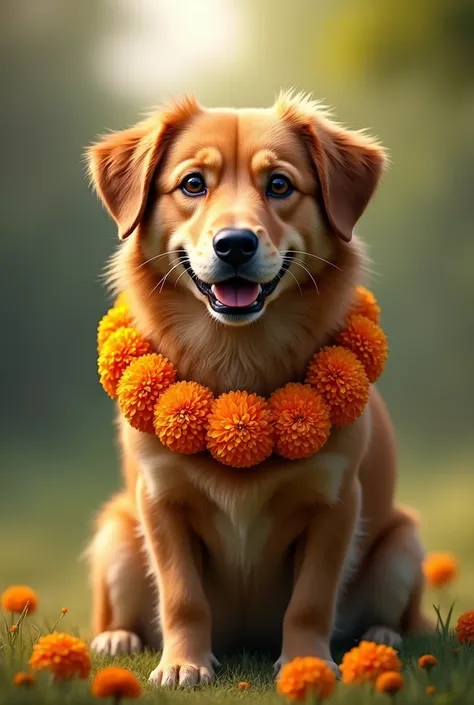 Generate the proper realistic 
 full  image of dog with garland of mariglod flower

