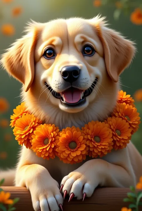 Generate the proper realistic 
 full  image of dog with garland of mariglod flower
with clear paw
