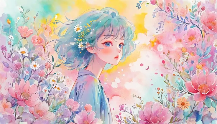 watercolor anime style, (Floral) digital art,pastel light color background, Cute art, blown by the wind, beautiful whimsical , cute whimsica