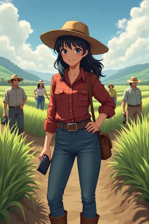 Create for me a character who is a girl in the countryside leading the workers, wearing boots., hat, slightly long black hair, no bag on the side, just with cell phone in hand,the blouse preferably plaid