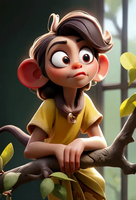 A bright morning, a  standing by the window.
Description: Nira’s face is filled with excitement as she looks outside at a monkey sitting on a branch, staring back at her.