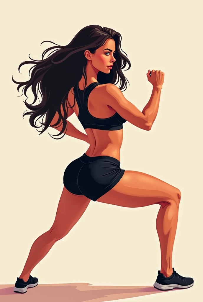 logo_l, best quality, masterpiece, super detail, high quality, highres, 4K, A young Caucasian woman with long dark hair doing a squat exercise wearing a black sports bra and shorts, with her hands clasped together above her head, dancing twerk showing the ...