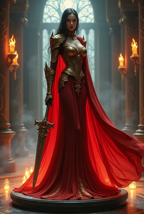 A slender, sensual human mage with elegant, exaggerated proportions, seen from a 3/4 profile view, standing confidently on a dark stone pedestal covered in glowing runic symbols, within a grand fantasy palace hall. Her seductive gaze, with striking red eye...