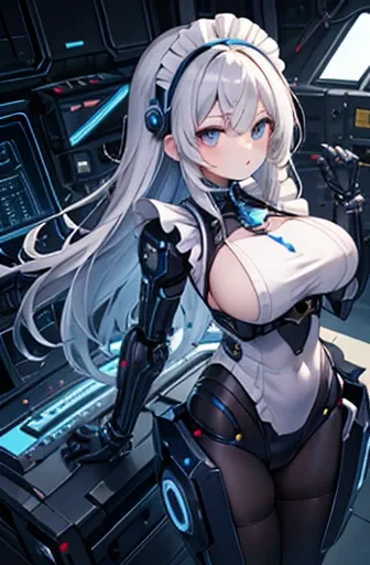   girl ,girl   , Mechanical face , 未来的なMaid uniform ,Large Breasts ,Long golden hair bangs ,(Body Type), Mechanic Headband, Blue LED ,Aureola in blue light,   quality, 8k ,Maid uniform , Cyborg Arm. Mechanical limbs Metal,  Mechanical legs .The power cable...