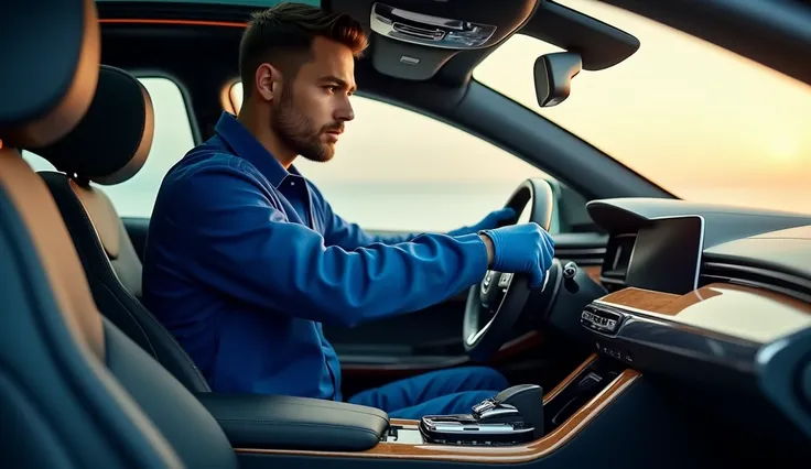 A photo of a detailed person in a blue jumpsuit cleaning the interior of a modern luxury car. The car has a spotless dashboard, polishedwood trim, and gleaming leather seats. The interior is illuminated by soft golden lighting. The background is a subtle g...