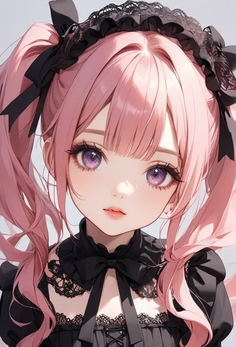 A beautiful girl with long pink hair, twin tails and a ribbon on her head. She is wearing a black gothic lolita outfit with lots of lace . Cute and beautiful.