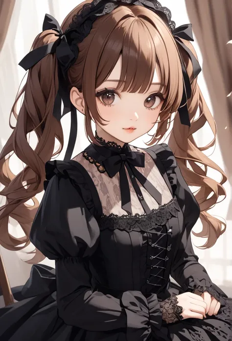 A beautiful girl with long Brown hair, twin tails and a ribbon on her head. She is wearing a black gothic lolita outfit with lots of lace . Cute and beautiful.