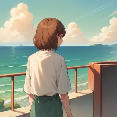 Very detailed, Brown Hair, Medium Hair, smile, Rear view, Overlooking, Character portrait, Ocean Background,Rear view, Overlooking, Illustration, Anime Style, Bauhaus Style, Diversity, movie, Ghibli-style colors, 