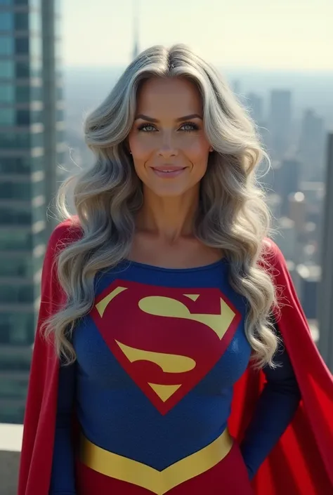 An American version of Old Supergirl((( Supergirl 50years old) (((very beautiful, black and gray hair very big breasts,  old Superwoman (((clothing faithful 1983 Helen Slater Supergirl movie costume)))  Super woman Julie Hagerty, beautiful and young lookin...