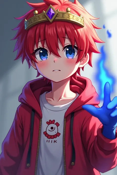 Change my Minecraft skin into anime boy wearing red hoddie and a crown tarot With a small purple stone in the middle  and Red hair and White inner shirt with white chicken logo and Blue fiery right hand and blue eyes 
