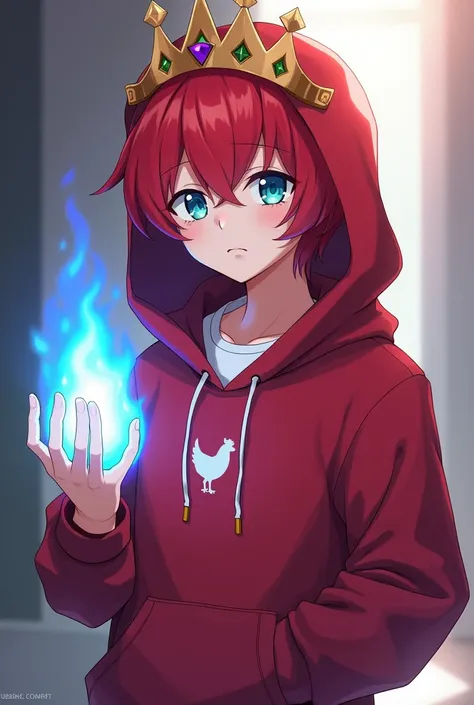 Change my Minecraft skin into anime boy wearing red hoddie and a crown tarot With a small purple stone in the middle  and Red hair and White inner shirt with white chicken logo and Blue fiery right hand and blue eyes 
