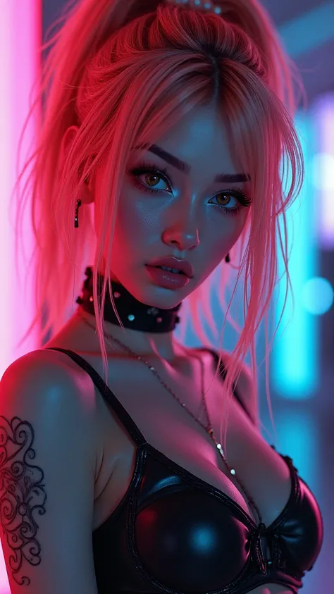 Beautiful on a neon background in cyberpunk style covered with 3d realistic paint on the chest red-purple color and hair and on the hands  8k ultrarrealistic 