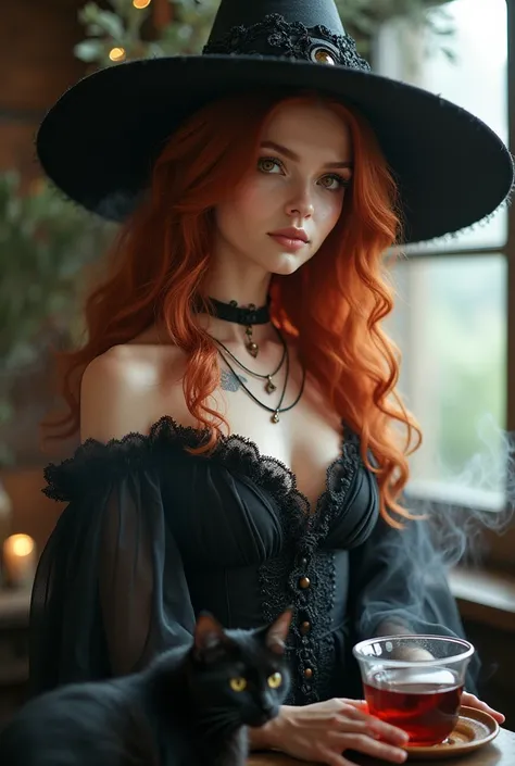 Beautiful girl with medium wavy red hair, with hazel eyes, white tea, with a tattoo on the neck, dressed as a witch with a witch hat, with a black cat