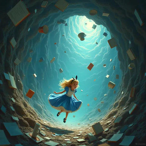 Alice following the white rabbit fell into a deep hole, surrounded by random floating objects, like cups, textbooks, chair and others 