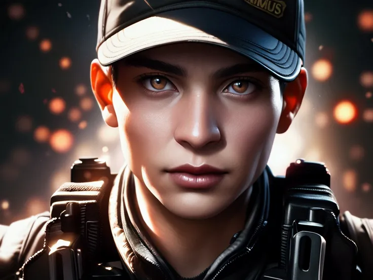 Photorealistic, High resolution, 1 young man, Solo, baseball cap, viewer, (Face detail), SWAT vest written “SiMus”, gun, Jewelry.