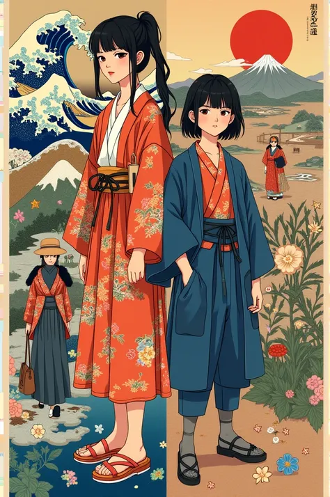 Fashion moodboard for girls and boys based on the paintings of the painter Katsushika Hokusai 