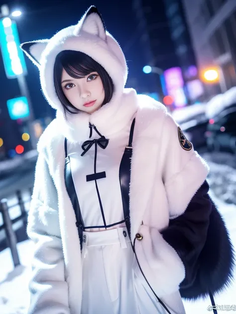 white fox, pink eyes, pubic tattoo, wear hijab, sweater woman, femboy, bisexual woman, furry, big huge breats, night city, glowing eyes, no feelings, long tail, collar, master piece, puppet, bat wing, shy, white earphones, fox tail, top quality, core, slim...