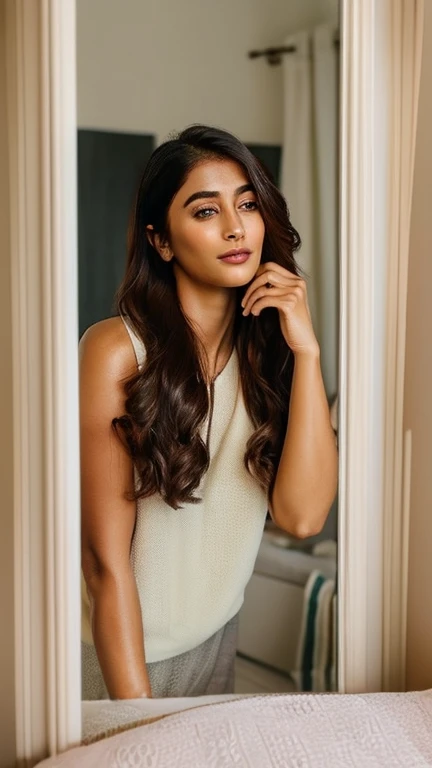 (Pooja hegde),An ultra-realistic photo of a woman in her bedroom, checking her beauty in a mirror. The setting is modern and cozy, with soft lighting filtering through the curtains. The woman has long, flowing hair and a natural glow to her skin, standing ...