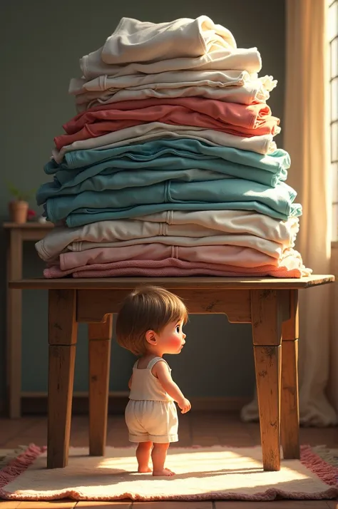 Child In front of a pile of clothes on an ironing table 