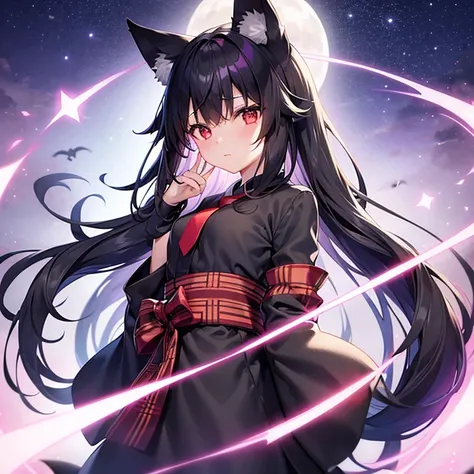 One girl、Fox ears、Black fox tail、Red eyes、Short black hair、White ribbon、Small breasts、Black pattern mini yukata、Normal necktie、Purple moon starry sky、Dynamic Angle