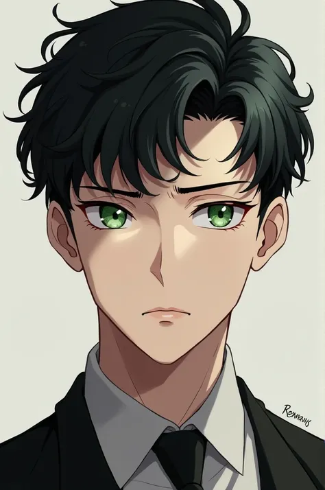 a male character, , white skin, green eyes, short black hair slightly curly 