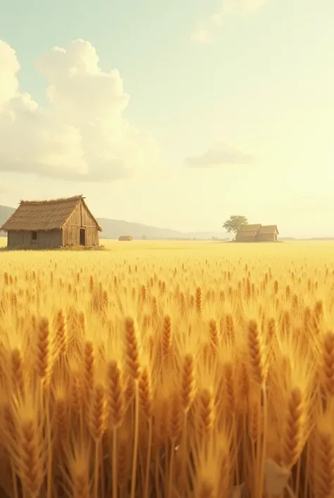 summer field wheat sheaves and there far away old huts barely visible straw roofs 