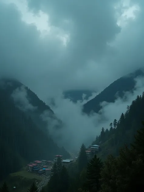 A dramatic portrayal of a monsoon storm in Uttarakhand, dark clouds rolling over a village, heavy rain cascading down the hills, fog swirling through trees, evoking nature’s power. Camera settings: Aperture f/4, ISO 100, Shutter Speed 1/500s. Mood: intense...