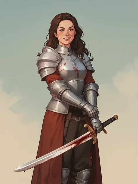 score_9, score_8_up, score_7_up, score_6_up, score_5_up, score_4_up,   wh33z13, female long hair, brunette, dressing a medieval armor, Cuisses, armor legs, happy, sword, blood