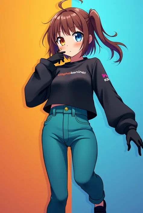 Black shirt full arms  half orange boundary and half 
Blue boundary cyan pant black gloves black shoes  brown hair full pant anime girl one orange and one blue eye 
