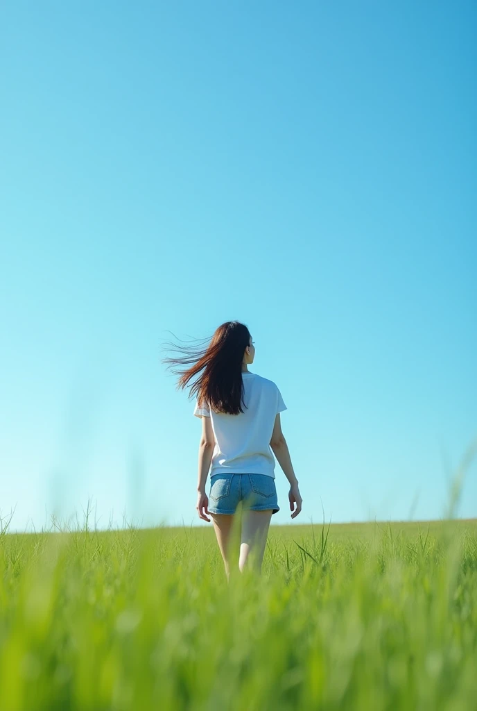 (photorealism:1.2), a1 young Asian woman, standing on her knees, on a stunning green field with almost endless clear blue sky, in a white top, short denim shorts, perfect hands to her sides, enjoying the winds and majestic view, high resolution, shot with ...