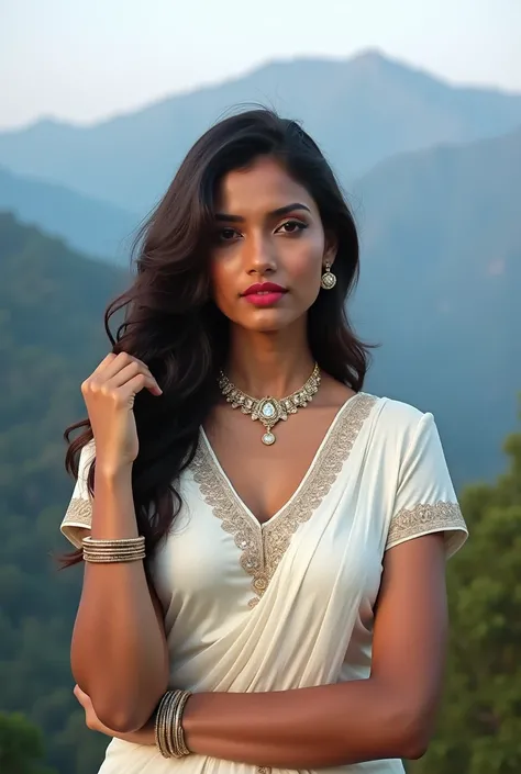 Indian beutyfull girl white  border Banarasi blouse, hair on one side, light red lipstick on lips, kajal on eyes, gold necklace on neck, bangles on both hands, photo standing in front of mountain.