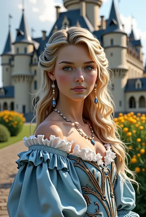 Beautiful teenage dirty blond princess in blue-silver dress, 17th century, background is Chambord style castle, hight detail face  -variation 