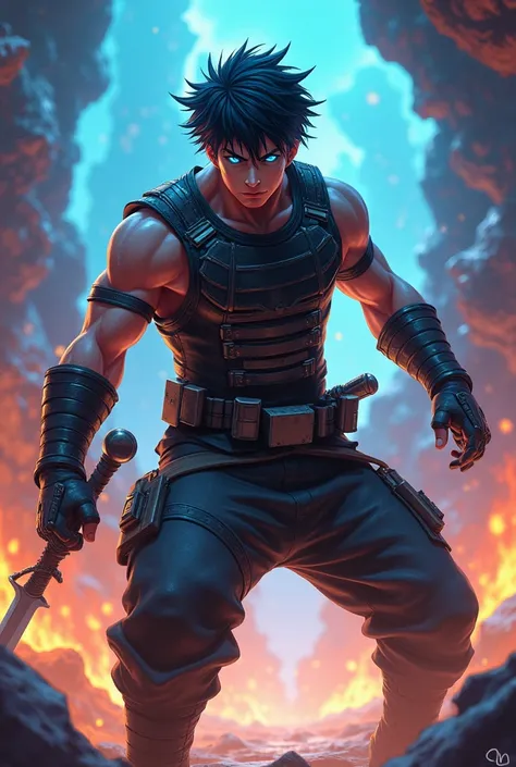 1. Pose:

Dynamic action pose (e.g., ready to strike with a sword or standing confidently).



2. Appearance:

Hair: Short, messy black hair.

Eyes: Bright blue.

Outfit: Dark armored vest, tactical pants, and sturdy boots.



3. Background:

A vibrant sce...