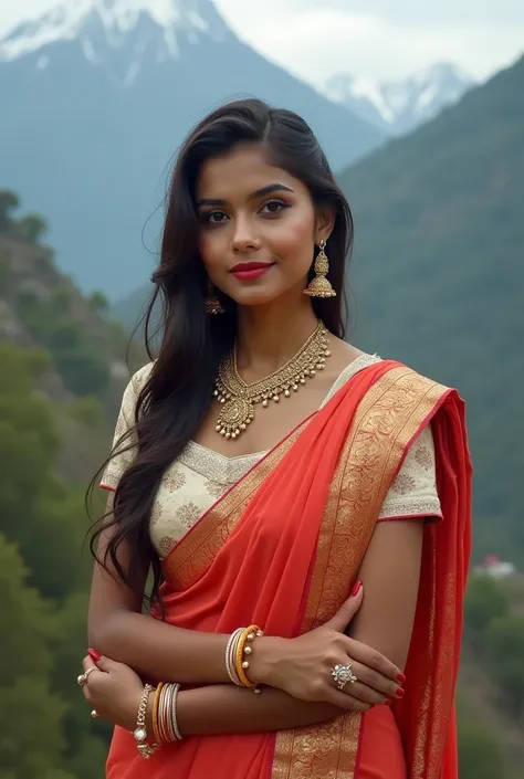 Indian beutyfull girl white  border Banarasi 
big boobs blouse, hair on one side, light red lipstick on lips, kajal on eyes, gold necklace on neck, bangles on both hands, photo standing in front of mountain.