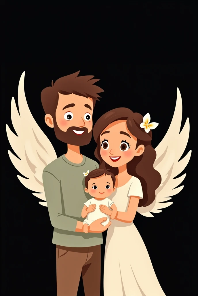 Husband and wife with wings holding a baby girl in their arms. Everyone is looking straight at the camera.. black background. cartoon style.