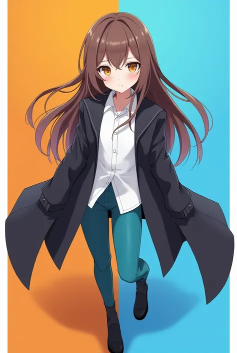 White  shirt black short outwear  full arms  half orange boundary and half 
Blue boundary cyan pant black gloves black shoes  brown hair full pant anime girl one orange and one blue eye 
