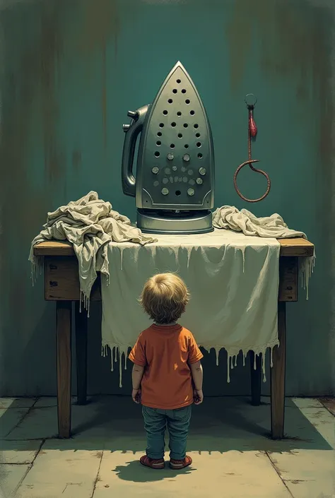 Kid stands in front of an ironing table, the iron has scary eyes for holes, and the pile of clothes next to it had a tongue Scary