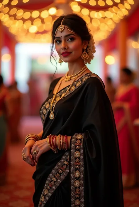 A indian woman in black colour saree in a marriage function

